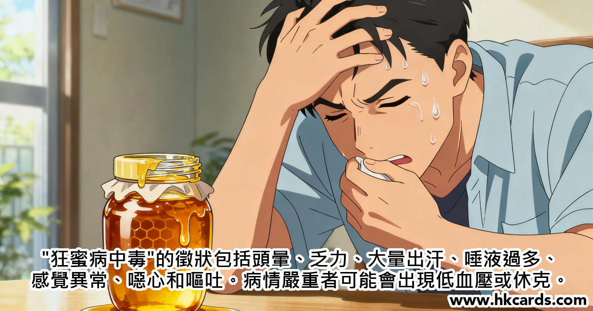 狂蜜病中毒的徵狀包括頭暈、乏力、大量出汗、唾液過多、感覺異常、噁心和嘔吐。病情嚴重者可能會出現低血壓或休克。